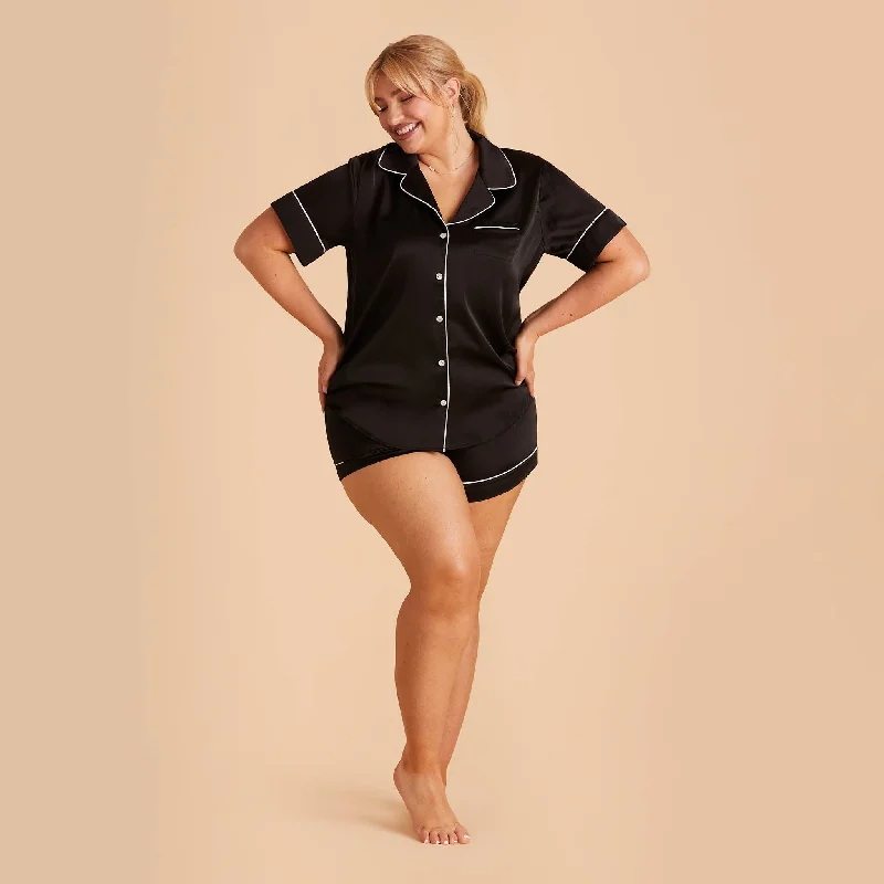 Jonny Satin Short Sleeve Pajama Top - Black