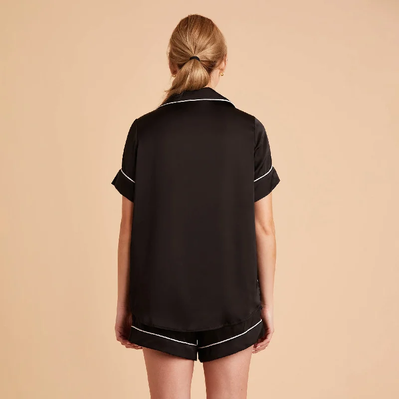 Jonny Satin Short Sleeve Pajama Top - Black