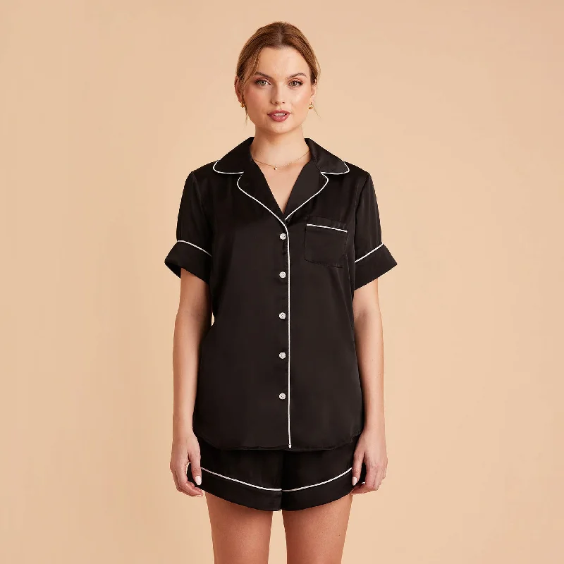 Jonny Satin Short Sleeve Pajama Top - Black