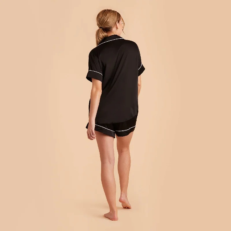 Jonny Satin Short Sleeve Pajama Top - Black