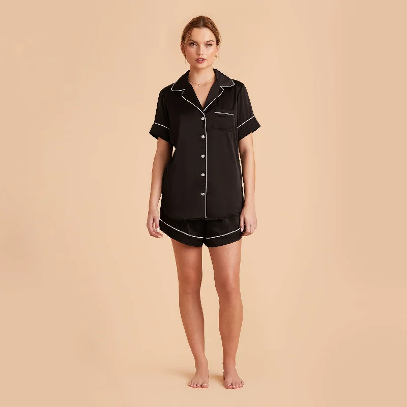 Jonny Satin Short Sleeve Pajama Top - Black