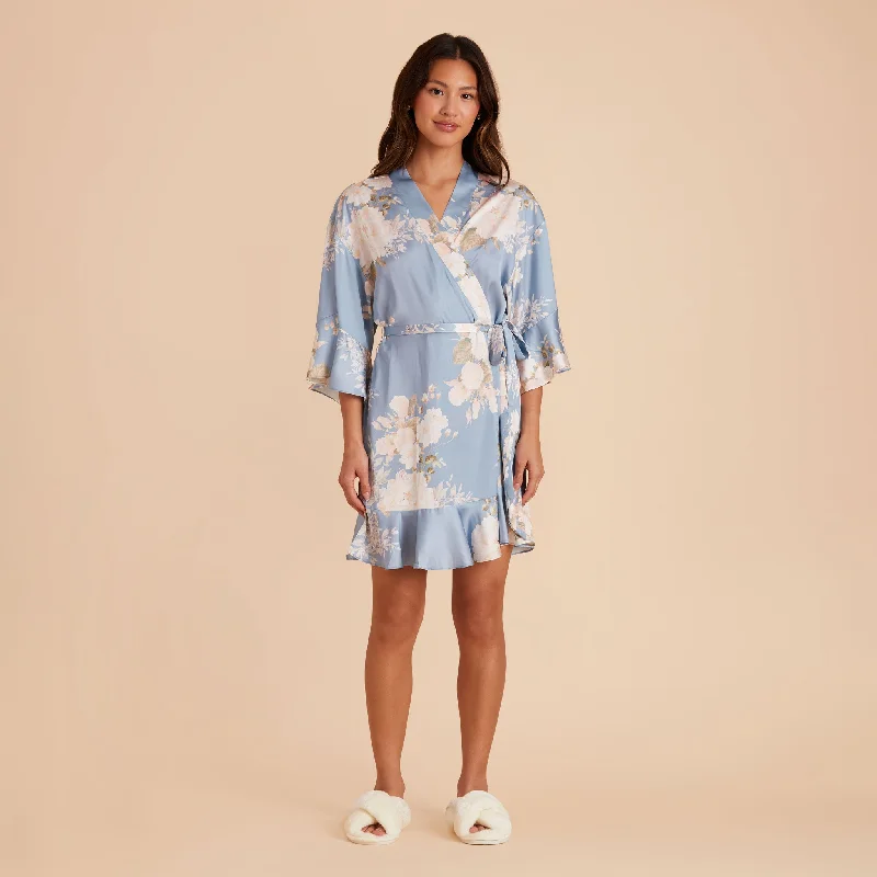 Kenny Floral Ruffle Robe - Dusty Blue Romantic Bouquet