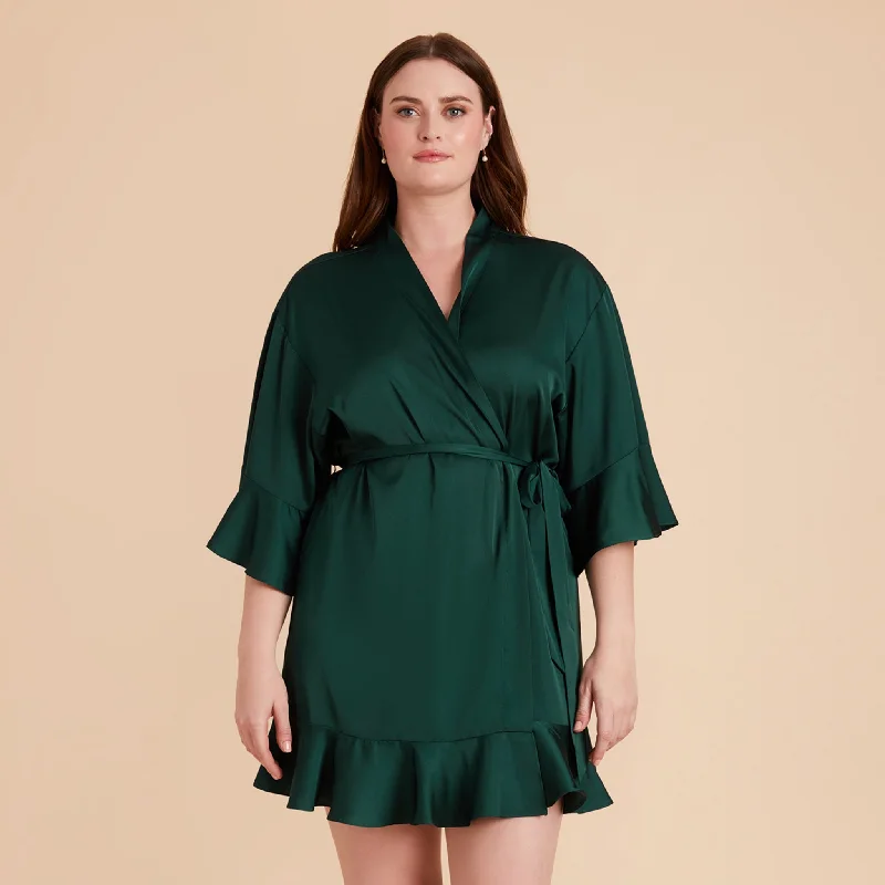 Kenny Ruffle Satin Robe - Emerald