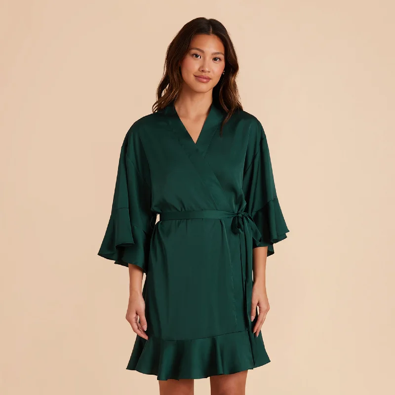 Kenny Ruffle Satin Robe - Emerald