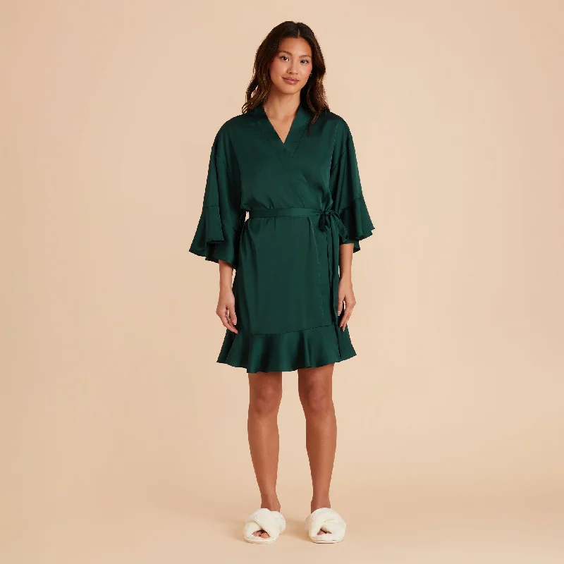 Kenny Ruffle Satin Robe - Emerald