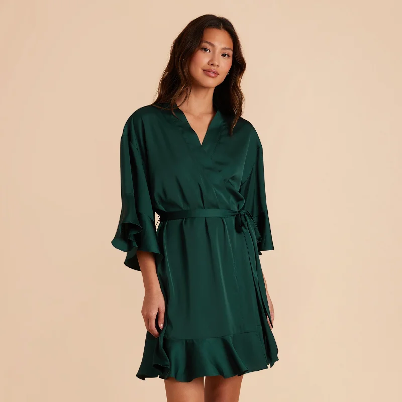 Kenny Ruffle Satin Robe - Emerald