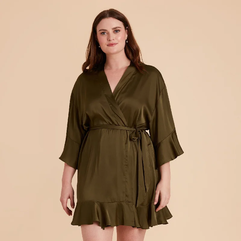 Kenny Ruffle Satin Robe - Olive