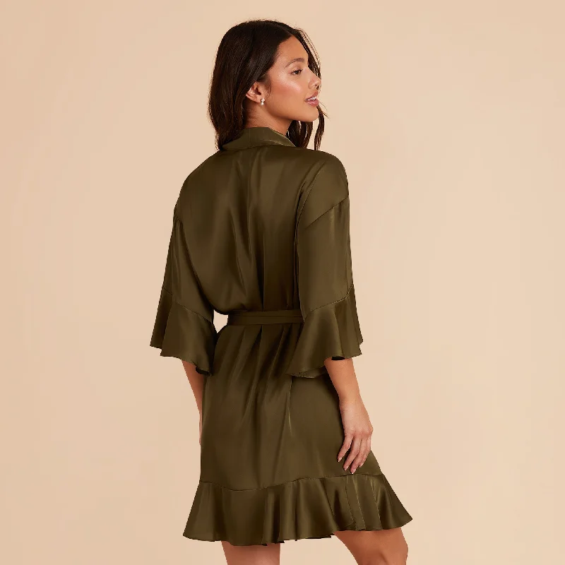 Kenny Ruffle Satin Robe - Olive