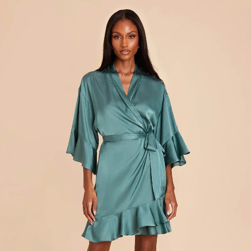 Kenny Ruffle Satin Robe - Sea Glass