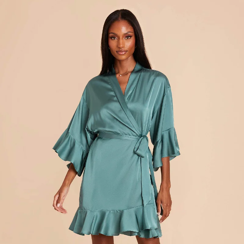 Kenny Ruffle Satin Robe - Sea Glass