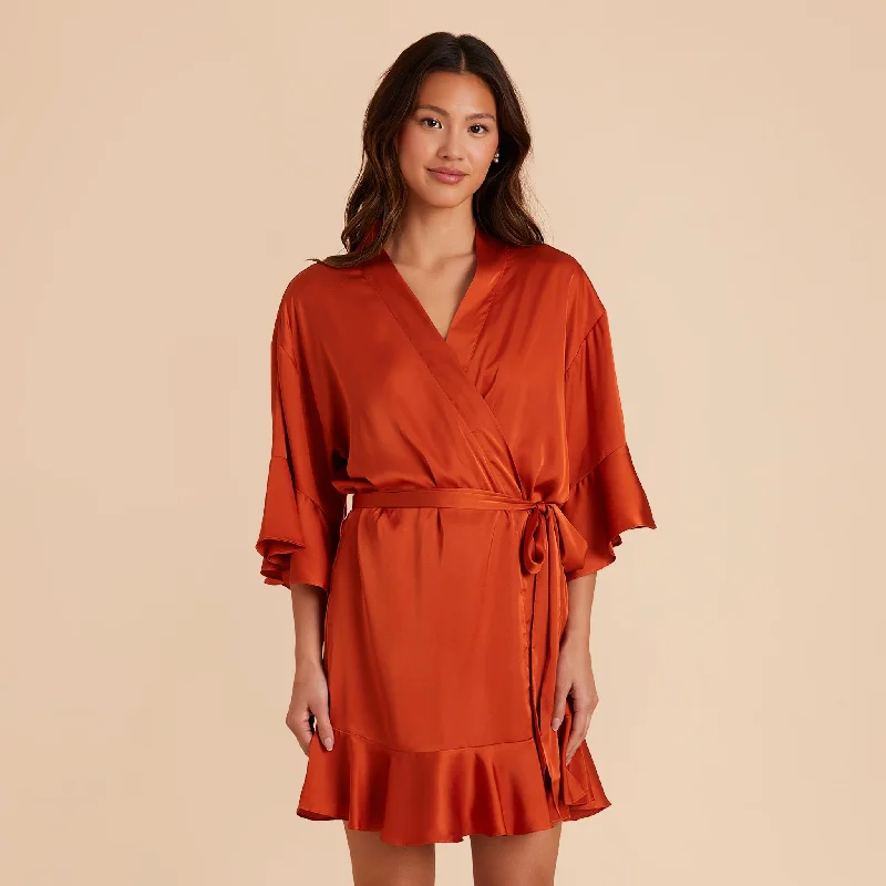 Kenny Ruffle Satin Robe - Terracotta