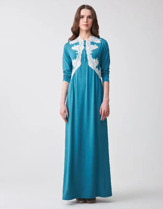 Lace Trimmed Nightgown with Front Buttons Bright Teal