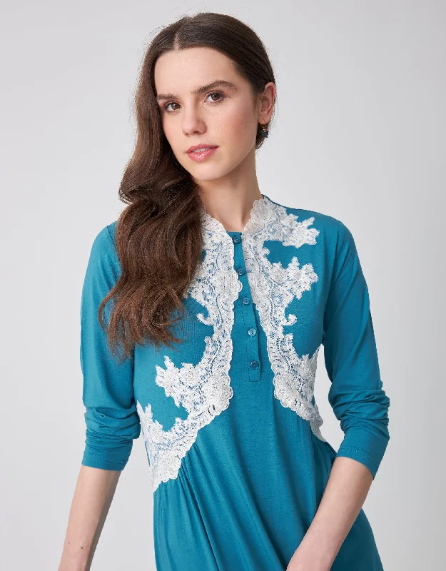 Lace Trimmed Nightgown with Front Buttons Bright Teal