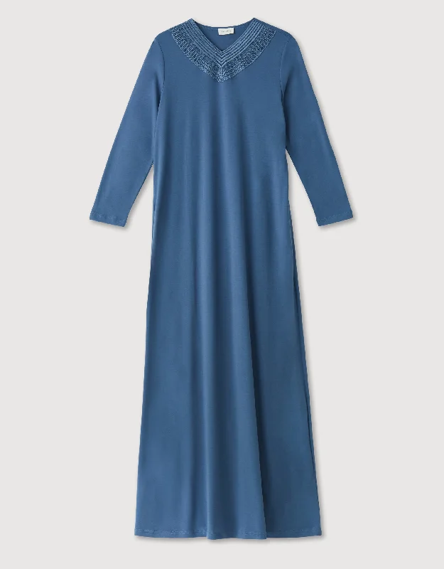 Cotton V-Neck Lace Trimmed Nightgown New Blue