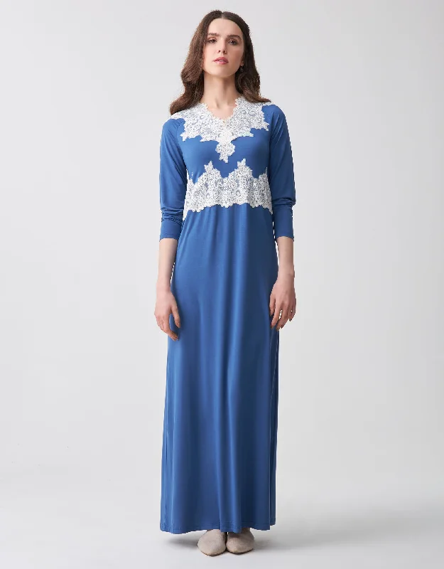 Lace Trimmed V-Neck Nightgown with Front Buttons Azure