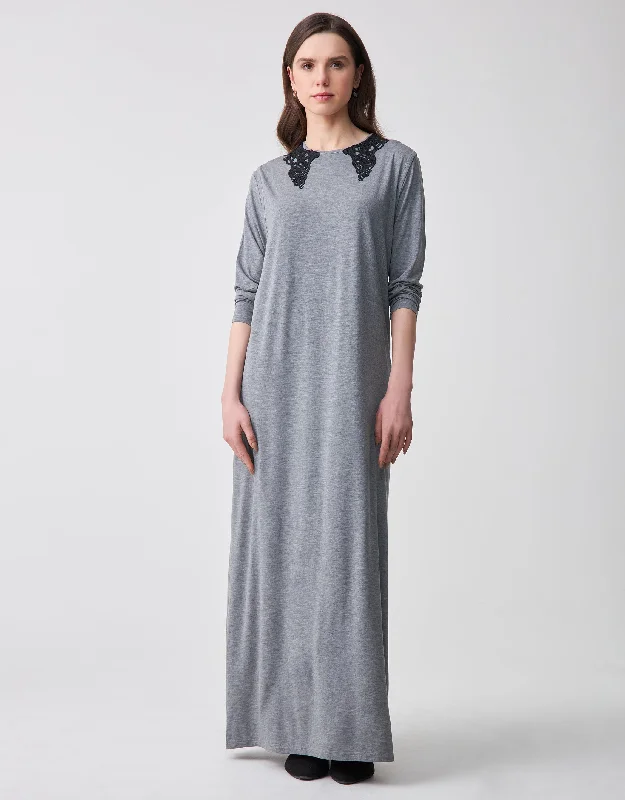 Layered Nursing Nightgown with Lace Faux Collar Heather Gray