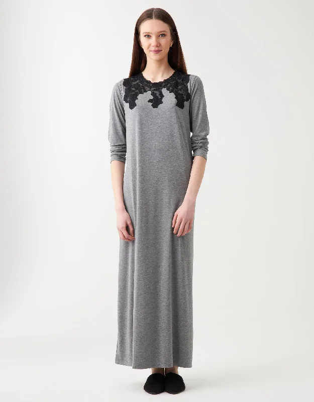 Layered Nursing Nightgown with Lacey Neckline Heather Gray