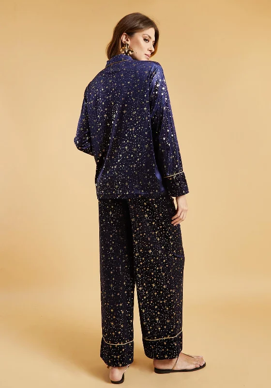 The Night Store Luna Velvet Pyjama Trouser Set, Navy