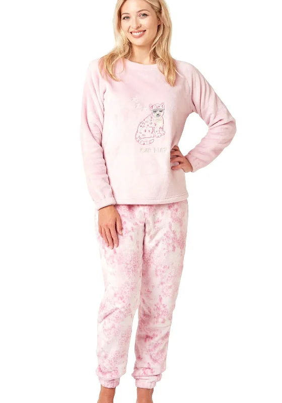 Indigo Sky Chilling Cheetah Cosy Fleece Pyjamas, Blush Pink