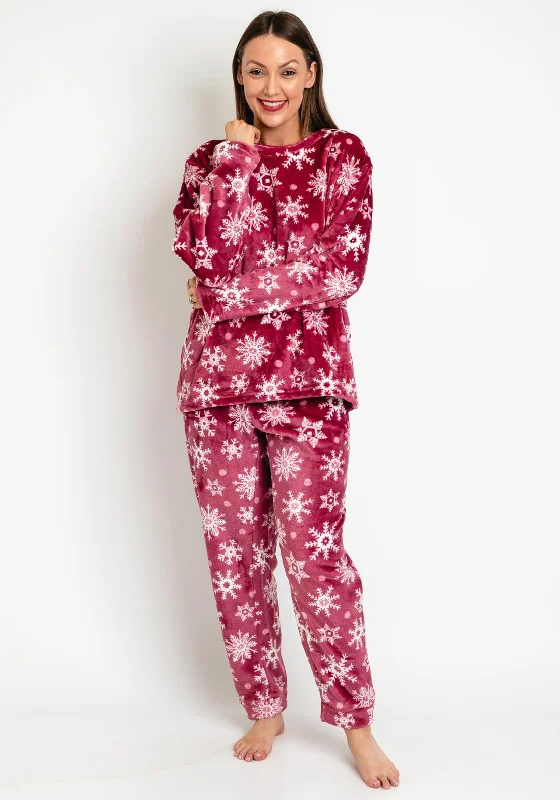 Indigo Sky Snowflake Cosy Fleece Pyjamas, Wine