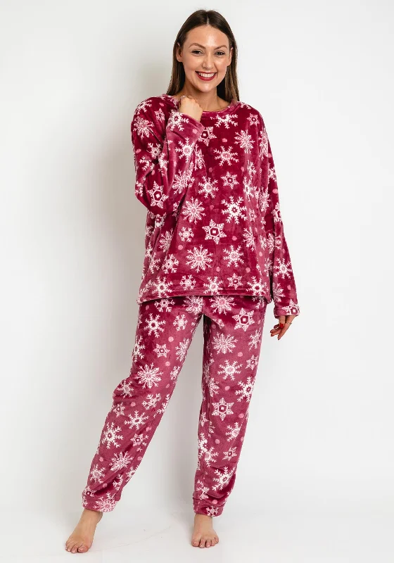 Indigo Sky Snowflake Cosy Fleece Pyjamas, Wine