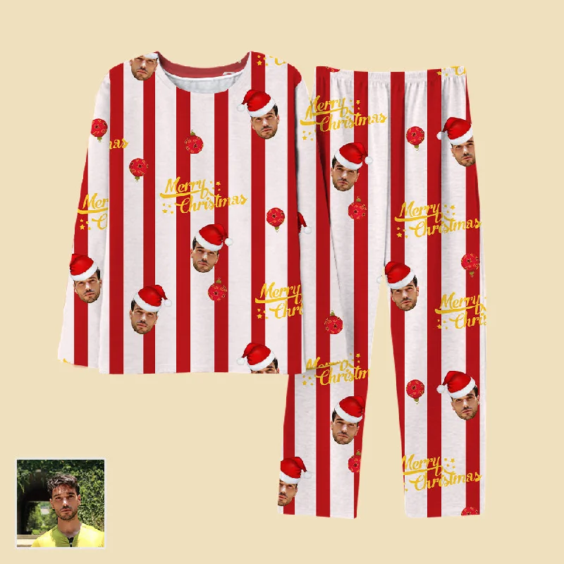 Merry Christmas Red Stripes Custom Face Pajamas