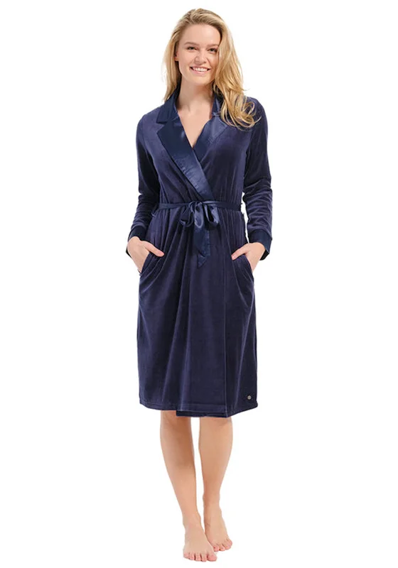 Pastunette Deluxe Velvet Wrap Over Dressing Gown, Dark Blue