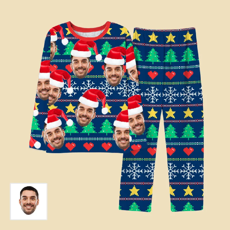 Pixel Pattern Christmas Long Sleeve Pajamas Christmas Hat Customized Face Pajamas