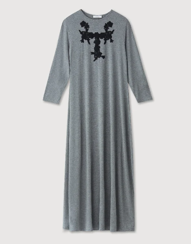 Pull On Nightgown with Contrast Lace Appliqué Gray Heather