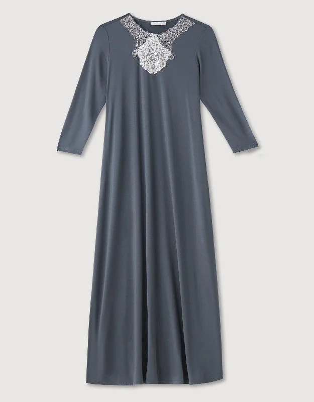 Pull On Nightgown with Medallion Lace Trim Gray