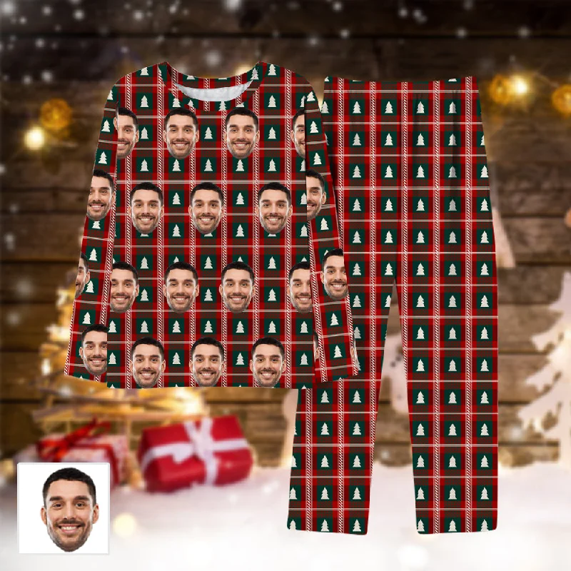 Red and Green Plaid Christmas Tree All-over Print Pajamas Customized Face Christmas Gift