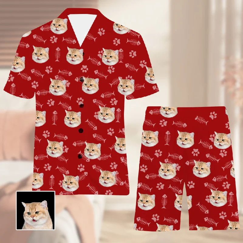 Red Custom Pajamas Cat Avatar Fish Bones Paw Prints