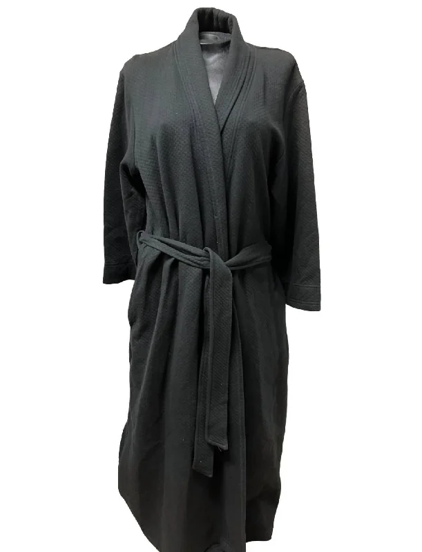 Waffle Long Wrap Robe In Black