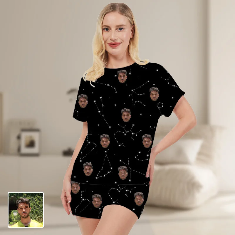 Women's Black Pajamas Short Sleeve & Shorts Set Constellation Lovers