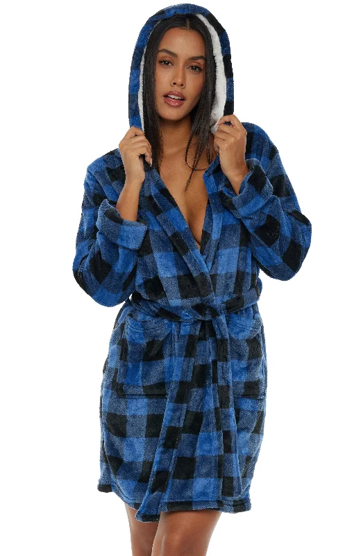 Women's Classic Plush Hooded Robe, Short Fleece Bathrobe Solids