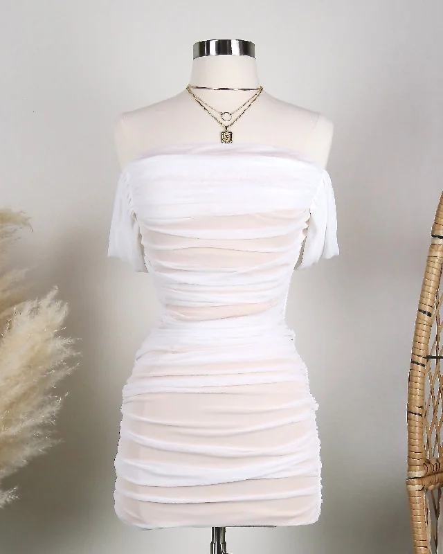 On The Line Ruched Strapless Mini Mesh Dress in White Comfortable Bodycon Mini Dress On The Line Ruched Strapless Mini Mesh Dress in White Comfortable Bodycon Mini Dress