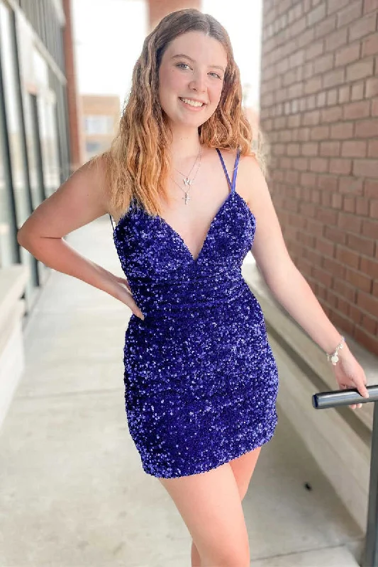 Regency Sequin V-Neck Lace-Up Mini Homecoming Dress Casual Mini Dress with Pockets