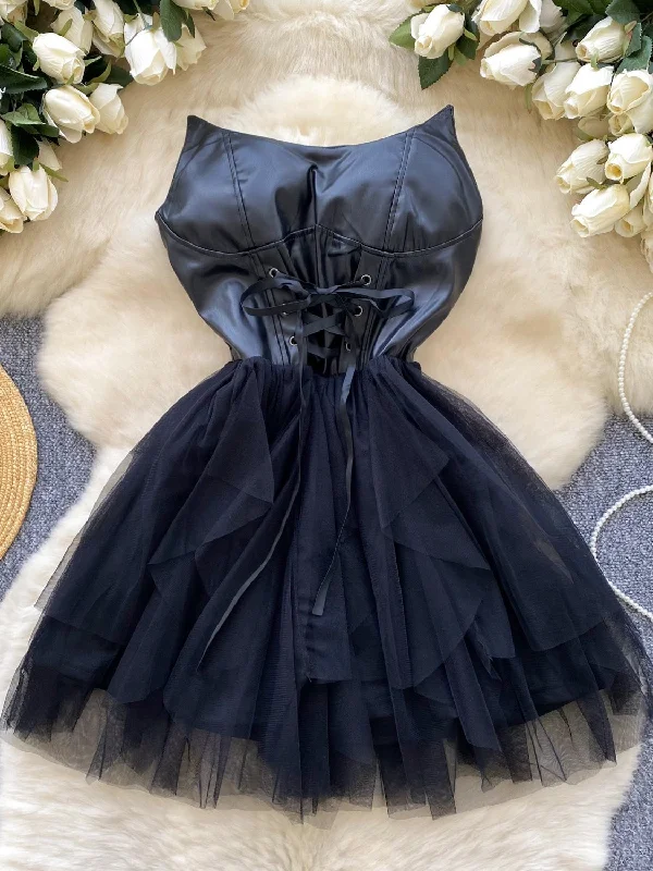 Sexy Lace Up Black Short Mini Tulle Dress Cozy Jersey Mini Dress